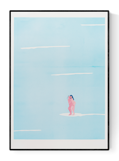 Minimalist illustration of two nude women surfing on a soft pastel sea by Studio Stoutpoep – contemporary Belgian art print in A3 size, featuring surreal humor and intimacy.