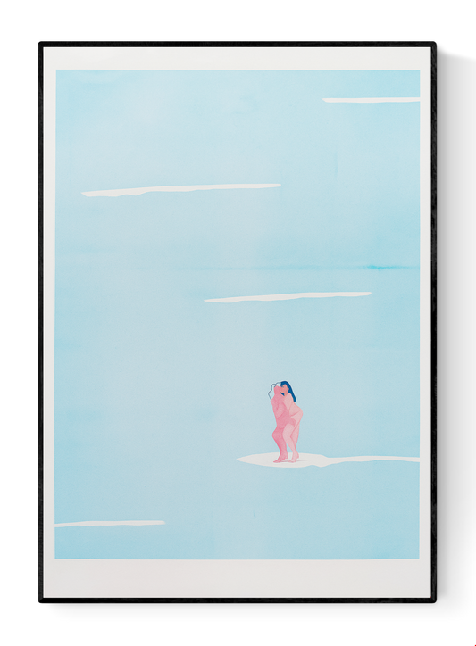 Minimalist illustration of two nude women surfing on a soft pastel sea by Studio Stoutpoep – contemporary Belgian art print in A3 size, featuring surreal humor and intimacy.