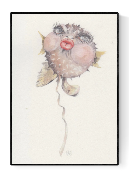 Kiss art card by Belgian illustrator FAB, A6 size (10.5 x 14.8 cm) printed on premium 300g Munken Pure Rough paper, featuring a humorous watercolor pufferfish with long eyelashes and bright red lips, ideal for sending love or as a collectible art postcard.