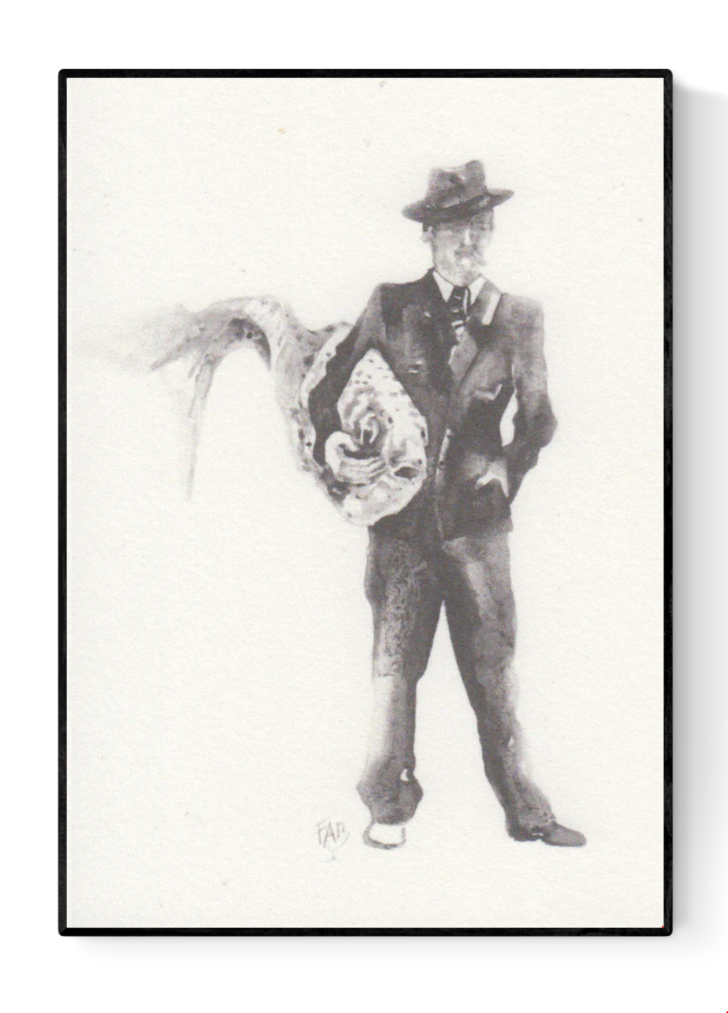 Surreal black and white illustration of a man in a suit holding a large fish in place of his torso – Man with Fish by Belgian artist FAB, A6 art print.