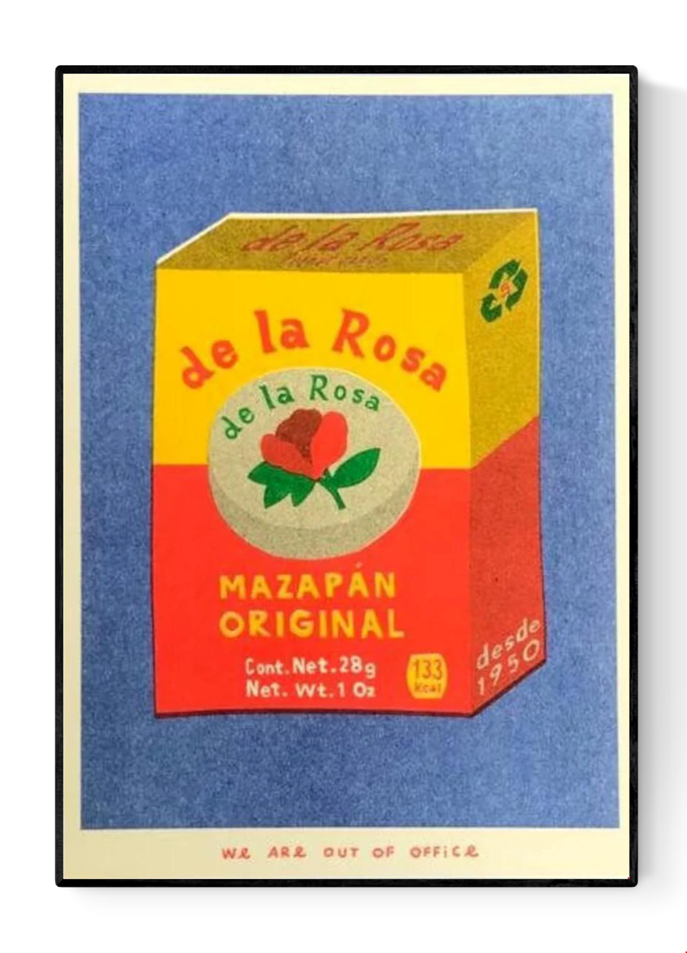 Mazapan Original risograph print by We Are Out of Office – colorful pop-style illustration of a traditional Mexican marzipan candy box, printed with soy ink on 300g Biotop paper in the Netherlands.
