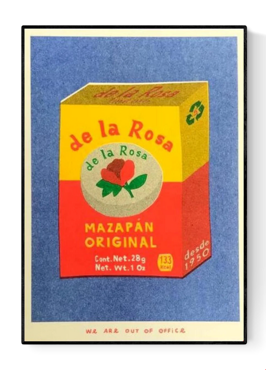 Mazapan Original risograph print by We Are Out of Office – colorful pop-style illustration of a traditional Mexican marzipan candy box, printed with soy ink on 300g Biotop paper in the Netherlands.