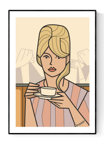 Dreaming of … by Floor 4 Productions, A3 art print featuring a serene, stylish woman in soft pastel tones, created in a clean four-color graphic style on textured matte 300gsm paper. Elegant modern illustration perfect for adding calm, sophisticated charm to living rooms, bedrooms, cafés, and contemporary interiors.