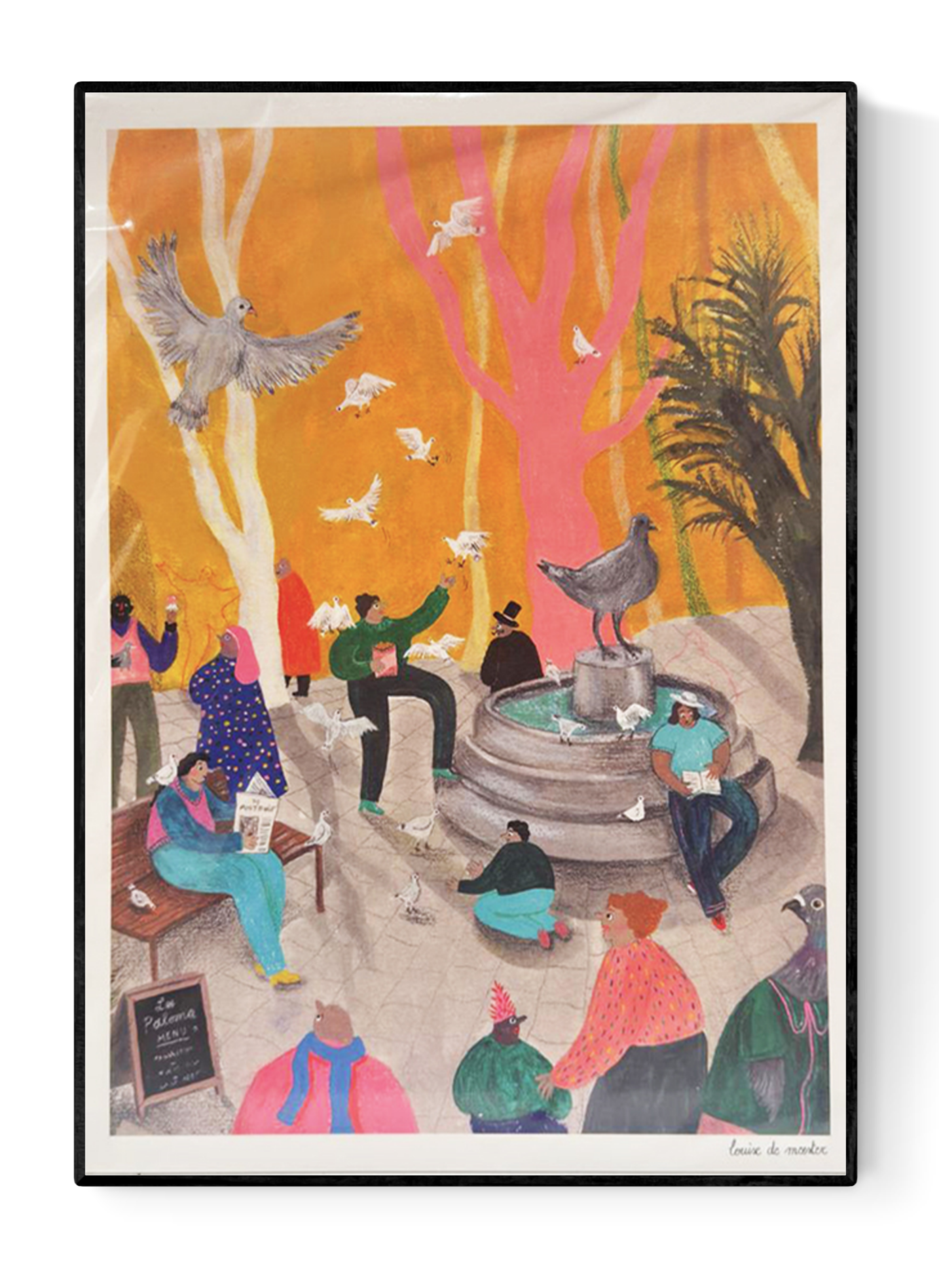 Colorful illustration of people gathered around a city square fountain with pigeons flying and perched nearby – Ode aan de duif by Louise de Meester, A4 urban-themed art print from Belgium
