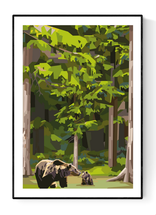 Limited edition forest illustration ‘Momma Bear’ by Floor 4 Productions, showing a mother bear and cub in a lush green woodland with layered geometric shapes; A3 four-color print on 300 gsm matte textured paper; modern nature wall art from Belgium.