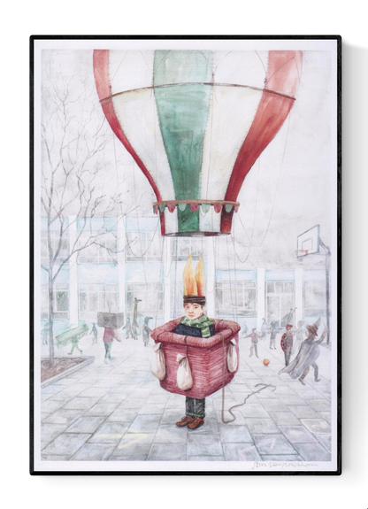 Whimsical illustration by Stien van Kerckhoven showing a child in a red hot air balloon basket with flames above his head, floating gently in a schoolyard among playing children. Dreamy and poetic digital art print in soft pastel tones, perfect for adding warmth and imagination to home decor.