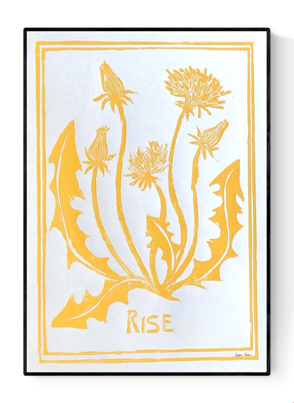 Handmade yellow linocut art print by Belgian artist Leda Vaes titled “Rise,” featuring stylized dandelion flowers and leaves carved in a bold, organic design; A4 nature-inspired print with warm, uplifting botanical energy.