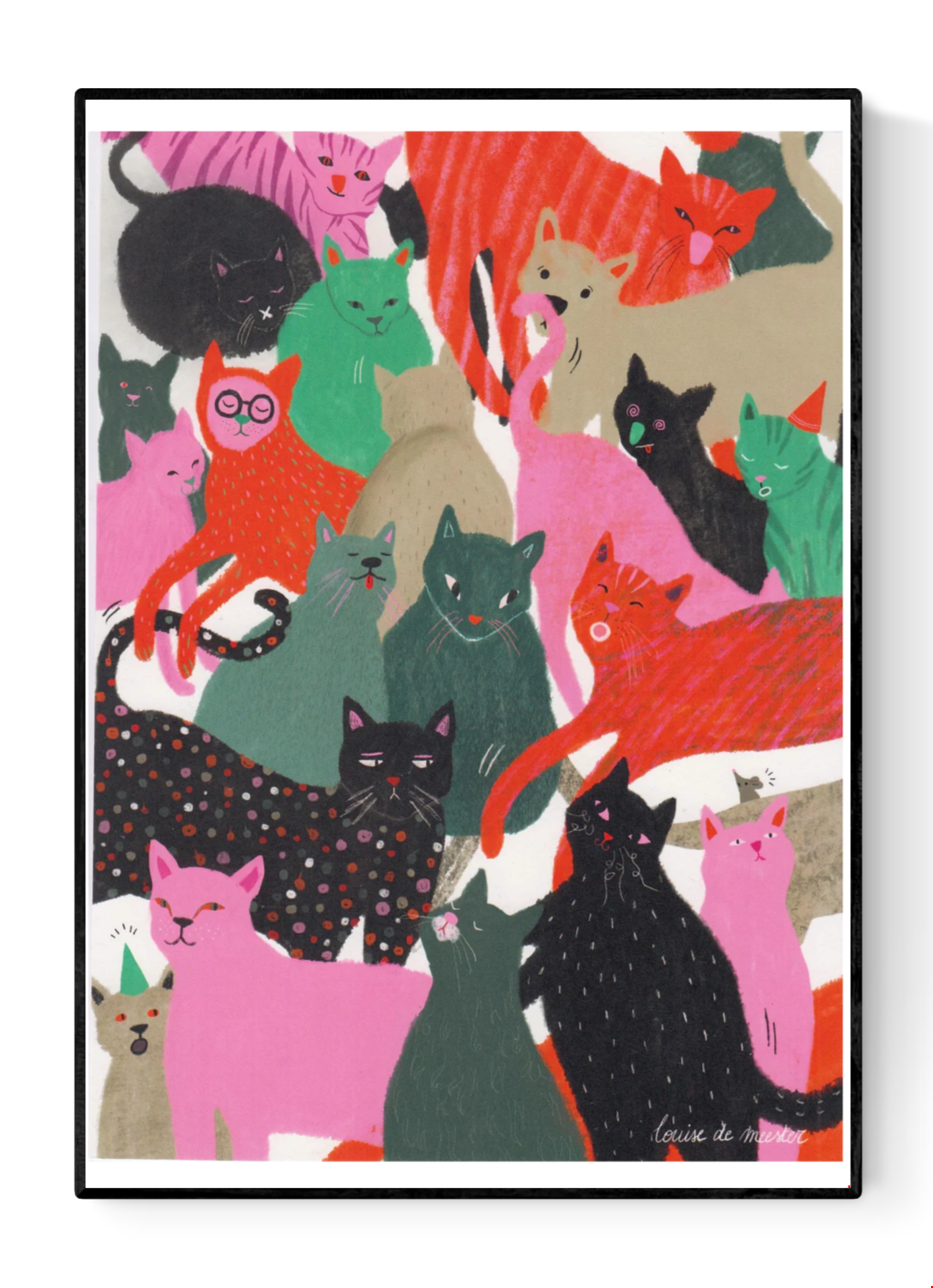 Colorful digital art print "Katten" by Louise de Meester, featuring a lively crowd of whimsical cats in pink, green, black, and red tones. Perfect for cat lovers and playful home decor.
