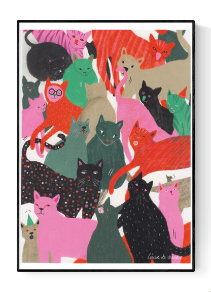 Colorful digital art print "Katten" by Louise de Meester, featuring a lively crowd of whimsical cats in pink, green, black, and red tones. Perfect for cat lovers and playful home decor.