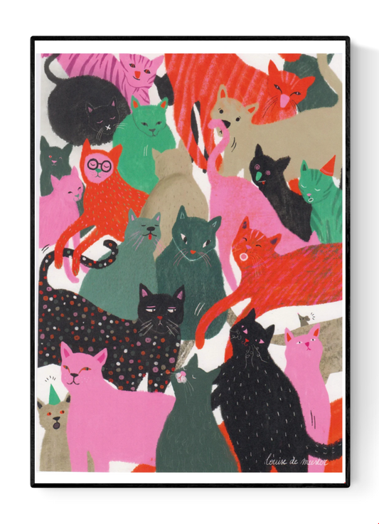 Colorful digital art print "Katten" by Louise de Meester, featuring a lively crowd of whimsical cats in pink, green, black, and red tones. Perfect for cat lovers and playful home decor.
