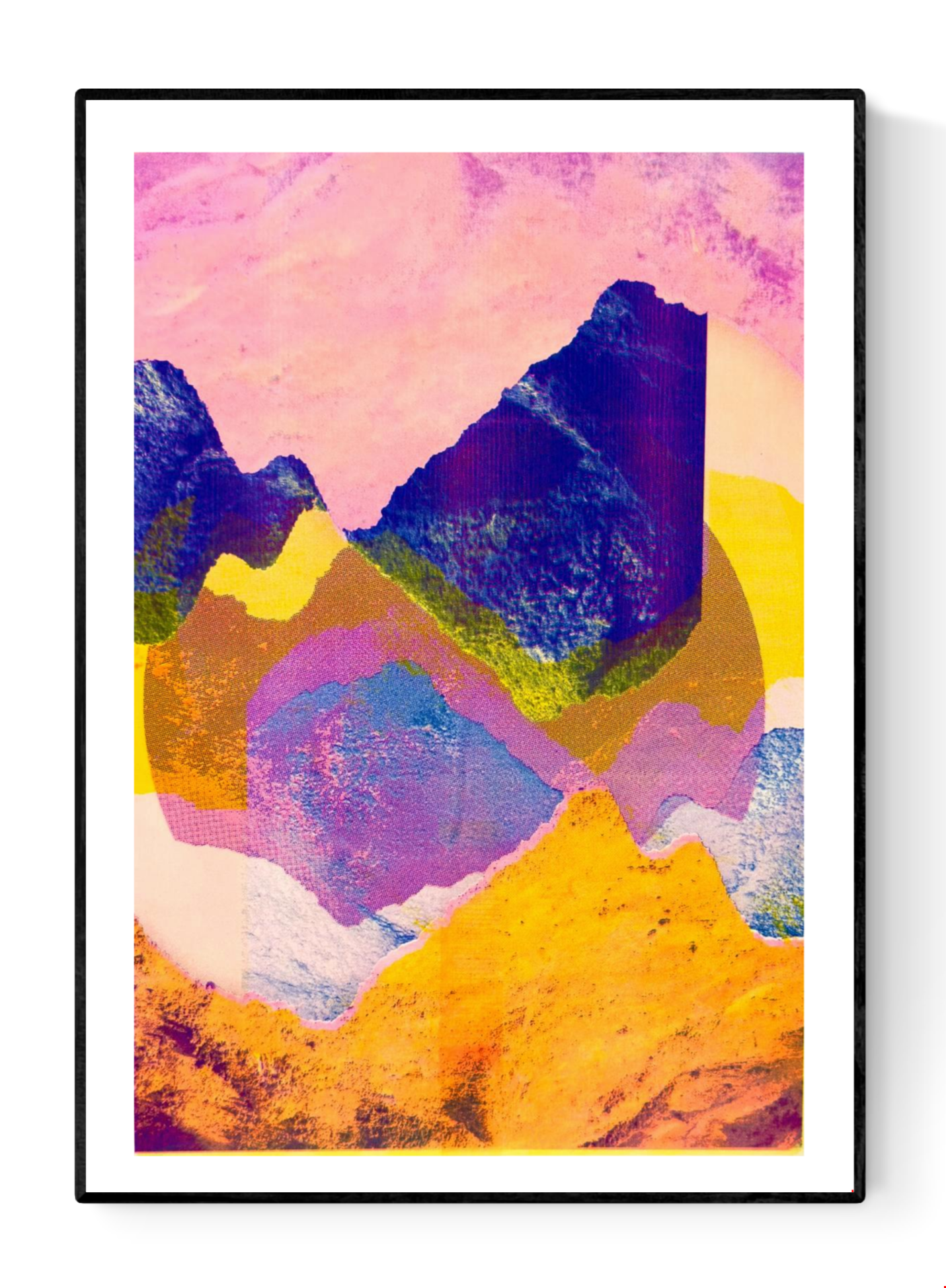 Vibrant abstract risograph art print by PTRVRKD featuring layered shapes, bold textures, and bright contemporary colors, ideal for modern home décor and collectors seeking limited-edition wall art.