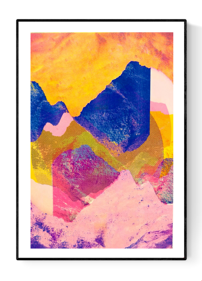 Colourful risograph mountain landscape art print by PTRVRKD, featuring layered abstract shapes in pink, yellow and blue tones; modern vibrant illustration ideal for contemporary home décor and online art buyers in Belgium, Netherlands, France and Germany