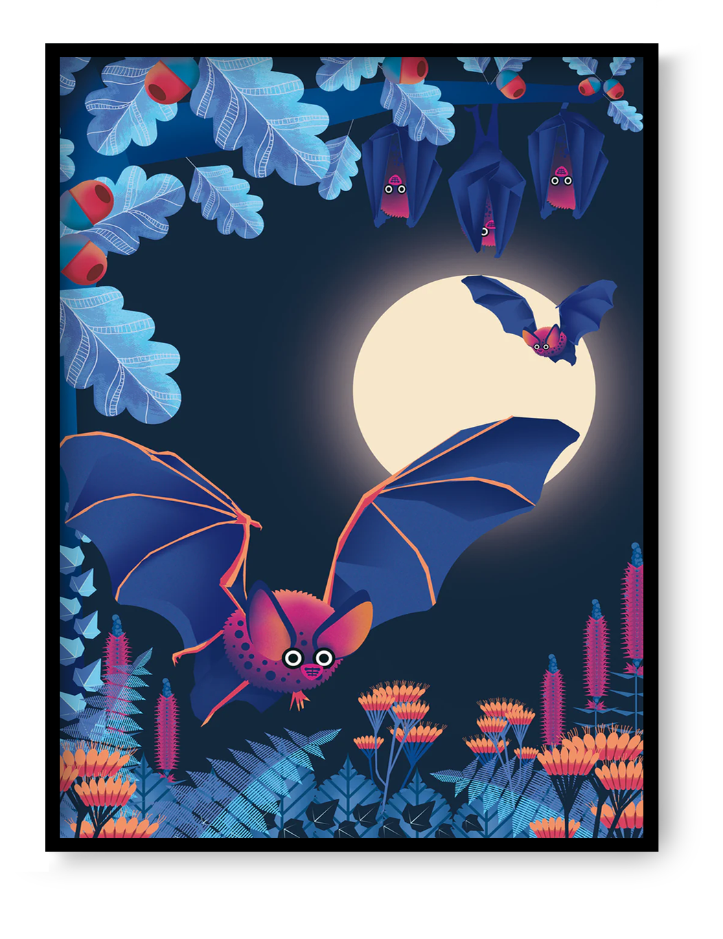 Vivid and playful illustration by Studio Frits titled 'Bats,' depicting a group of cartoon-like bats flying and hanging among glowing foliage under a full moon. With bold purples, blues, and neon oranges, this colorful nighttime forest scene adds a whimsical, slightly spooky charm—perfect for nature lovers, children’s spaces, and fans of quirky, vibrant art