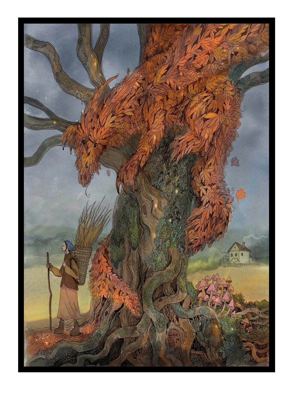Autumn dragon made of golden leaves resting in an ancient tree beside a traveler, illustrated in a detailed folklore-inspired fantasy style with warm orange tones and soft natural colors. Vertical giclée wall art for cozy home decor.