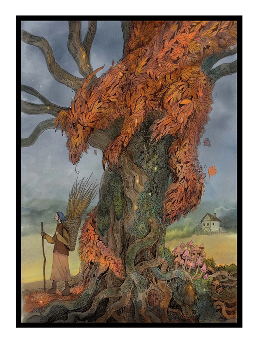 Autumn dragon made of golden leaves resting in an ancient tree beside a traveler, illustrated in a detailed folklore-inspired fantasy style with warm orange tones and soft natural colors. Vertical giclée wall art for cozy home decor.
