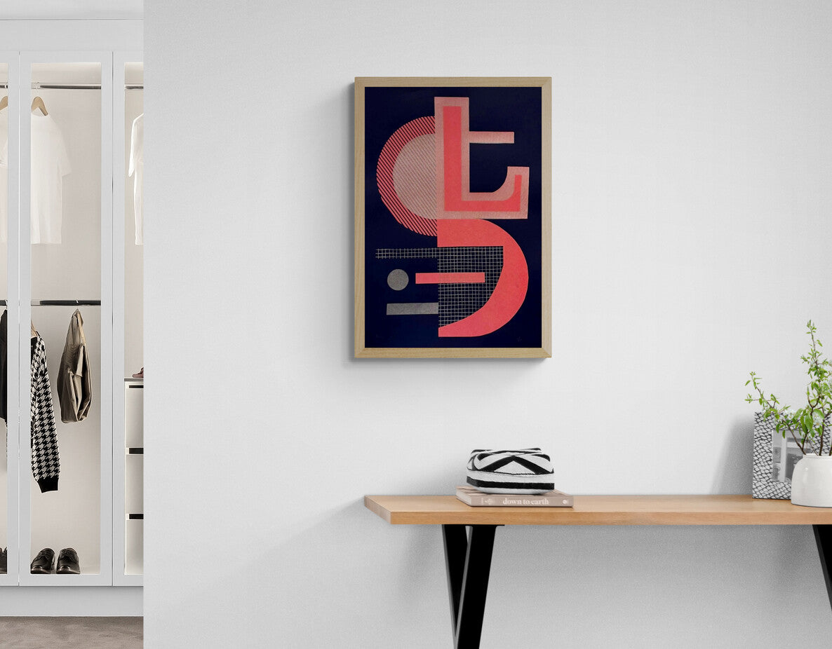 Abstract geometric screen print titled “Abstract Shapes 3” by Belgian artist PLUMO, featuring bold overlapping shapes, grid textures, and fluorescent colour combinations in a 35x50 cm limited edition hand-pulled silkscreen print, ideal for modern wall art and contemporary home decor in Belgium and Europe.
