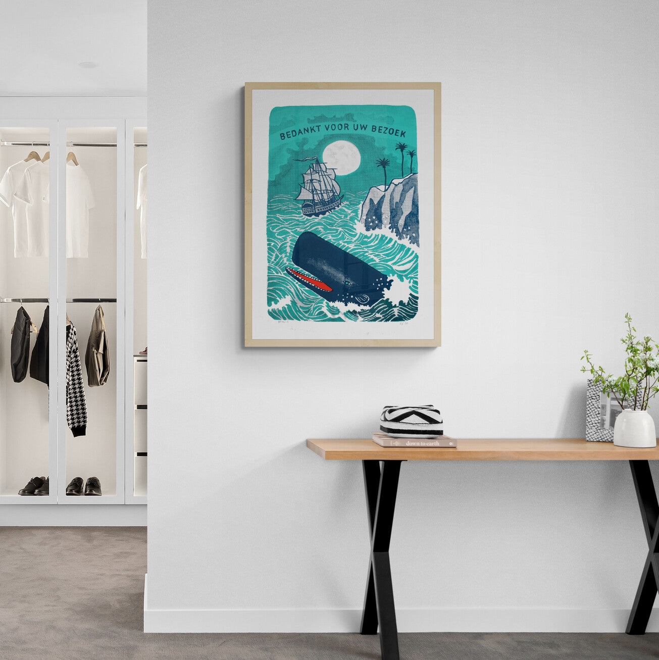 Limited edition 3-colour screen print of a whale jumping from ocean waves with a sailing ship and cliffs under moonlight, nautical illustration by Dennis Dellaert, 50 x 70 cm wall art