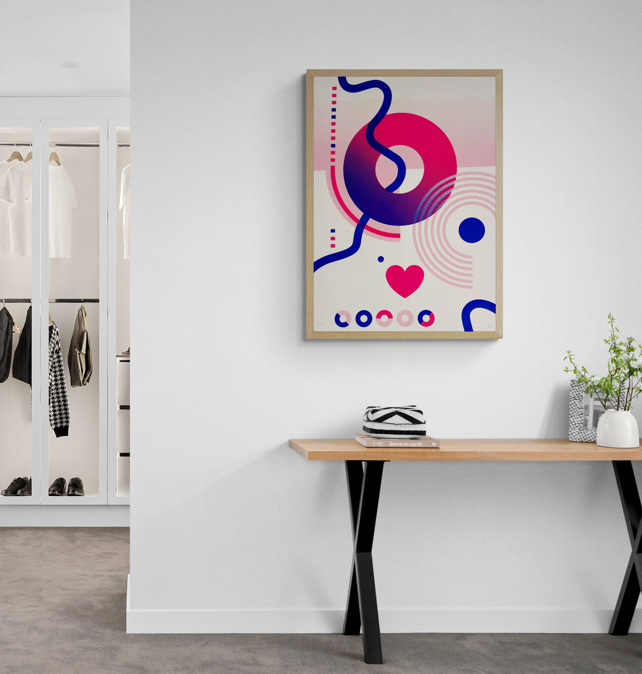 Limited edition Circles & Hearts screen print by PLUMO, 50x70 cm hand-pulled silkscreen on 300g art paper featuring bold geometric circles, halftone gradients, flowing black lines and heart motif in vibrant red, pink and blue colour variations, modern contemporary wall art for design interiors in Belgium and Europe.