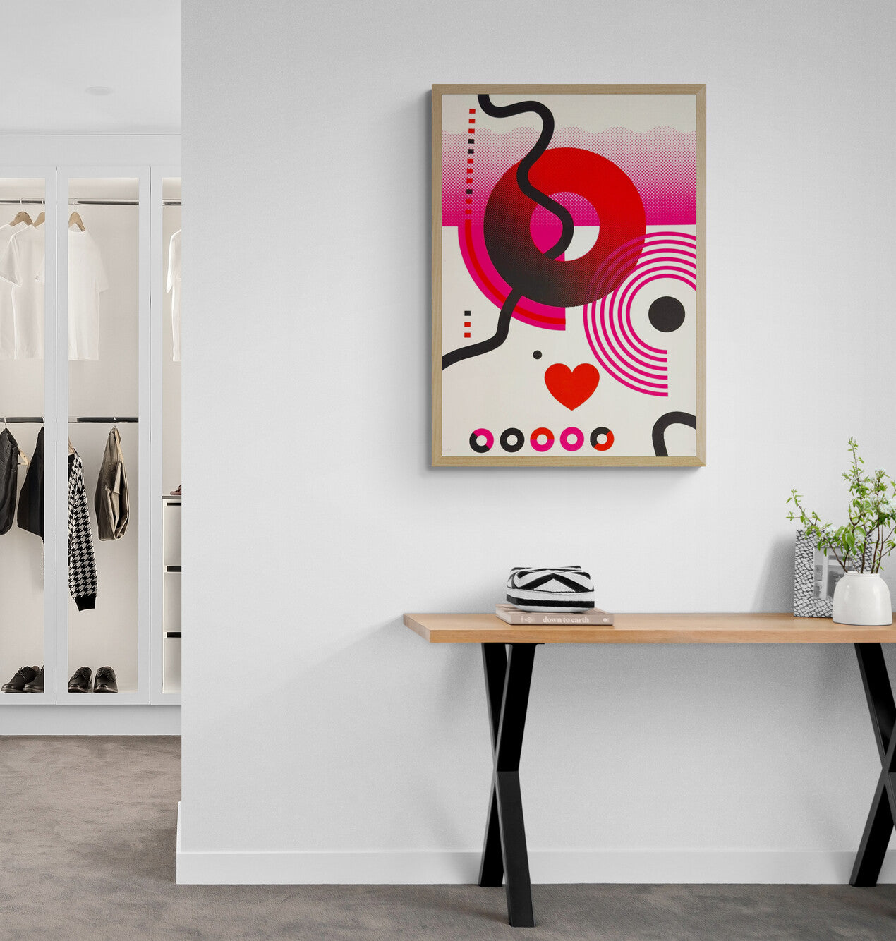 Limited edition Circles & Hearts screen print by PLUMO, 50x70 cm hand-pulled silkscreen on 300g art paper featuring bold geometric circles, halftone gradients, flowing black lines and heart motif in vibrant red, pink and blue colour variations, modern contemporary wall art for design interiors in Belgium and Europe.