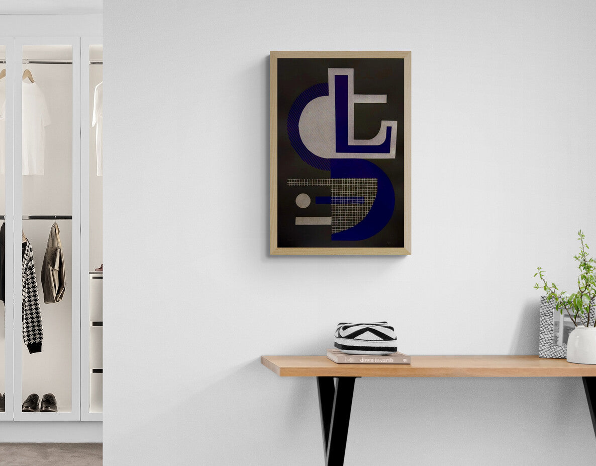 Abstract geometric screen print titled “Abstract Shapes 3” by Belgian artist PLUMO, featuring bold overlapping shapes, grid textures, and fluorescent colour combinations in a 35x50 cm limited edition hand-pulled silkscreen print, ideal for modern wall art and contemporary home decor in Belgium and Europe.