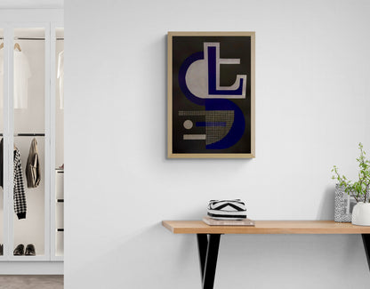 Abstract geometric screen print titled “Abstract Shapes 3” by Belgian artist PLUMO, featuring bold overlapping shapes, grid textures, and fluorescent colour combinations in a 35x50 cm limited edition hand-pulled silkscreen print, ideal for modern wall art and contemporary home decor in Belgium and Europe.