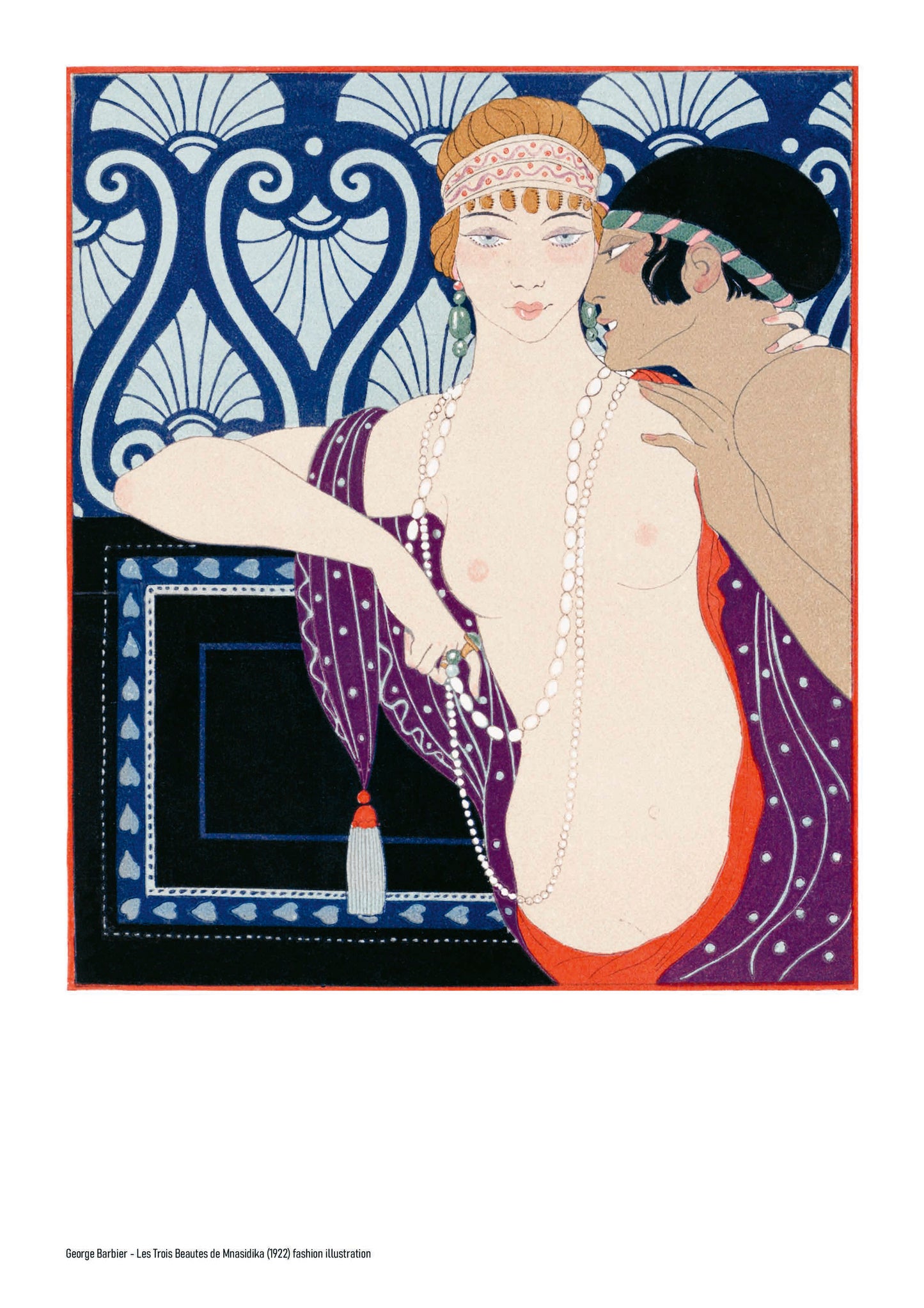 Portrait-oriented Art Deco illustration of two elegantly dressed figures in blue, purple, red and cream, with pearls and decorative patterns, reproduced as an A4 digital print for bedroom or gallery wall decor.