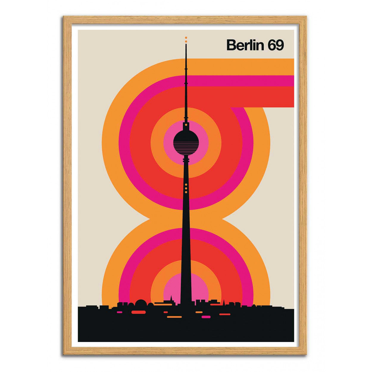 Berlin 69 by Bo Lundberg – 30x40 cm retro art print featuring the Berlin TV Tower with vibrant concentric circles in orange and pink, inspired by 1960s and 1970s graphic design. Minimalist geometric style, printed on FSC-certified paper in France, unframed, eco-friendly urban wall art for design and architecture lovers.