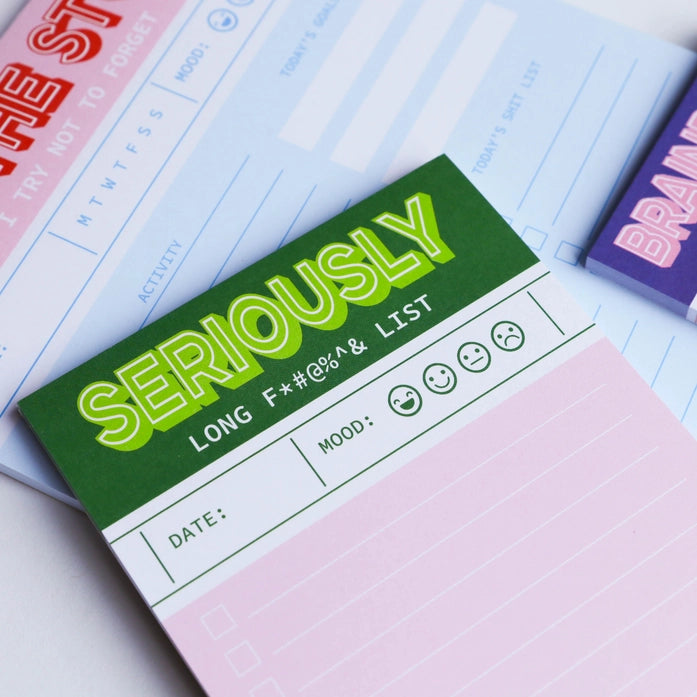 Funny pink and green notepad titled “Seriously Long F#@*%& List” by Studio Inktvis, perfect for extra-long to-do lists, printed in the Netherlands with 50 colorful pages for staying organized with style.