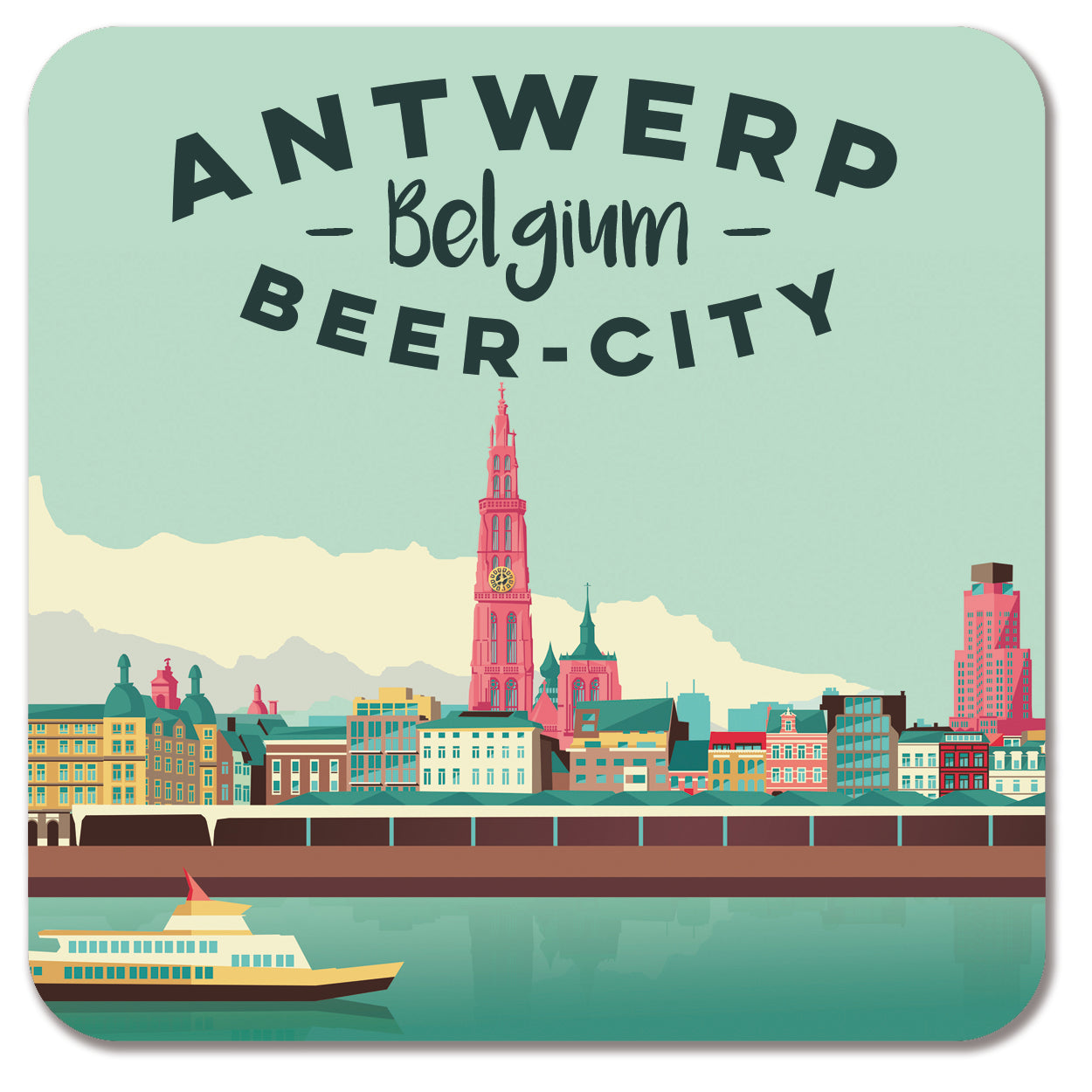 Set of 4 illustrated beer coasters by Studio Frits – ‘Antwerp Belgium Beer City’ design featuring iconic landmarks like Het Steen, Cathedral, Central Station, and Grote Markt in vibrant retro style.