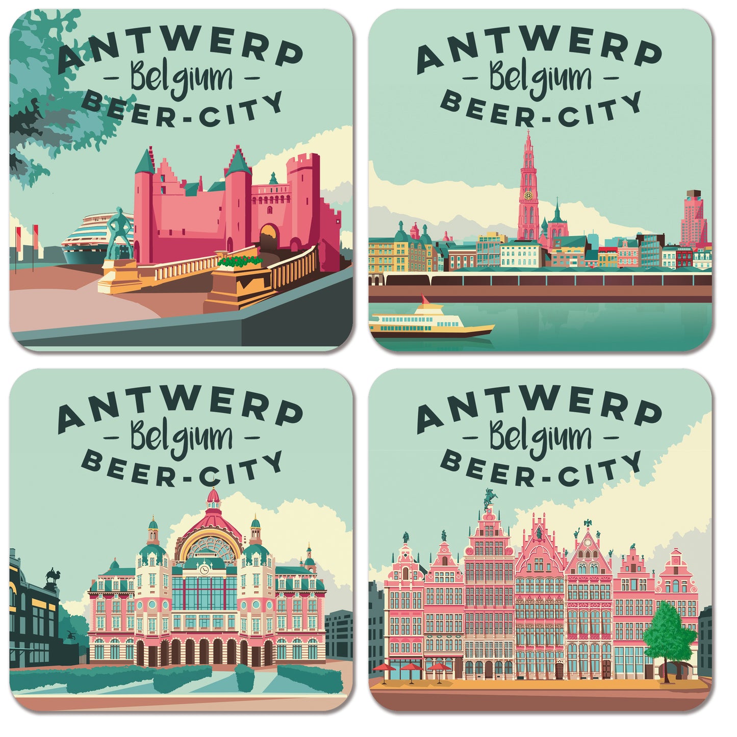 Set of 4 illustrated beer coasters by Studio Frits – ‘Antwerp Belgium Beer City’ design featuring iconic landmarks like Het Steen, Cathedral, Central Station, and Grote Markt in vibrant retro style.
