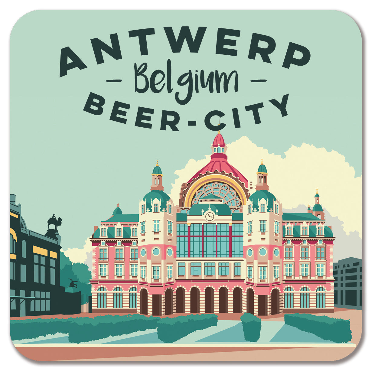 Set of 4 illustrated beer coasters by Studio Frits – ‘Antwerp Belgium Beer City’ design featuring iconic landmarks like Het Steen, Cathedral, Central Station, and Grote Markt in vibrant retro style.