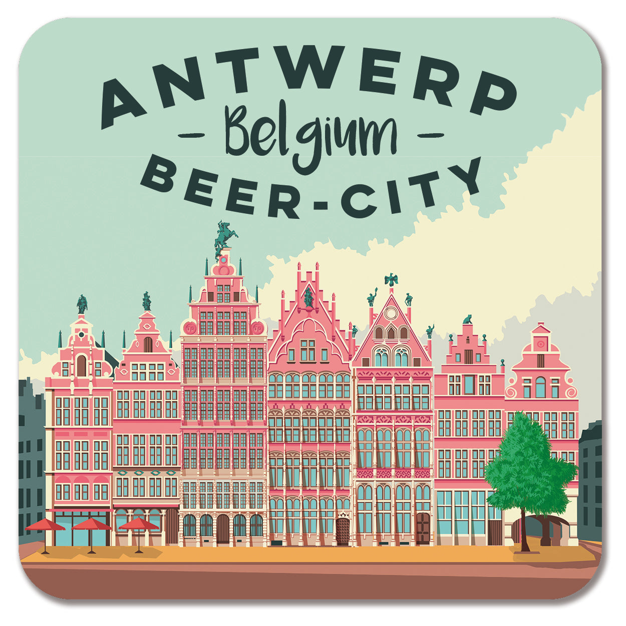 Set of 4 illustrated beer coasters by Studio Frits – ‘Antwerp Belgium Beer City’ design featuring iconic landmarks like Het Steen, Cathedral, Central Station, and Grote Markt in vibrant retro style.
