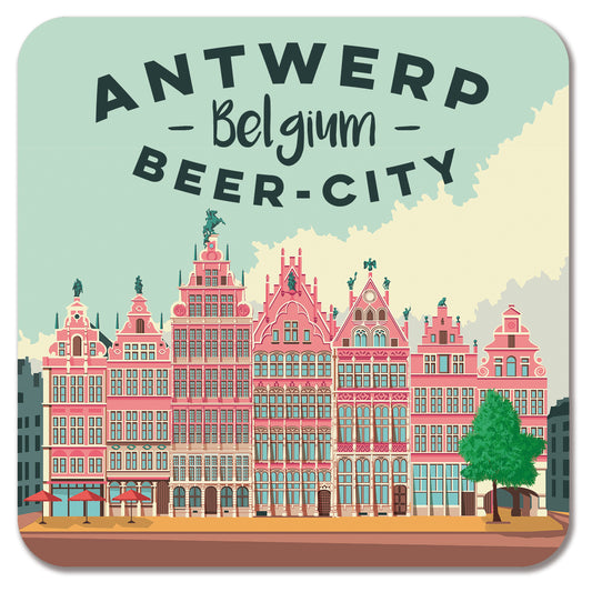 Set of 4 illustrated beer coasters by Studio Frits – ‘Antwerp Belgium Beer City’ design featuring iconic landmarks like Het Steen, Cathedral, Central Station, and Grote Markt in vibrant retro style.