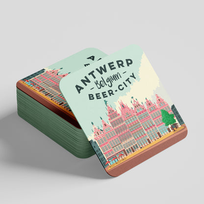 Set of 4 illustrated beer coasters by Studio Frits – ‘Antwerp Belgium Beer City’ design featuring iconic landmarks like Het Steen, Cathedral, Central Station, and Grote Markt in vibrant retro style.