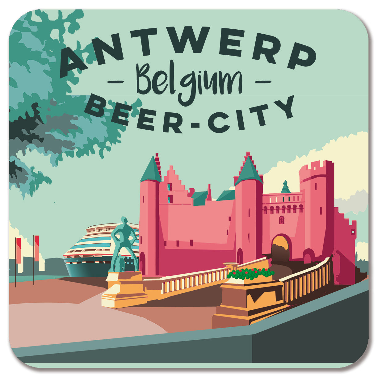 Set of 4 illustrated beer coasters by Studio Frits – ‘Antwerp Belgium Beer City’ design featuring iconic landmarks like Het Steen, Cathedral, Central Station, and Grote Markt in vibrant retro style.