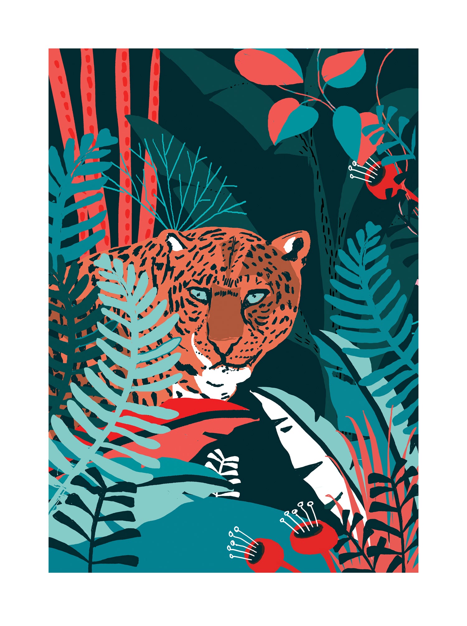 Colorful jungle illustration of a jaguar surrounded by vibrant tropical plants, modern wildlife wall art by Studio Frits, 30 x 40 cm Belgium-made print.