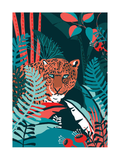 Colorful jungle illustration of a jaguar surrounded by vibrant tropical plants, modern wildlife wall art by Studio Frits, 30 x 40 cm Belgium-made print.