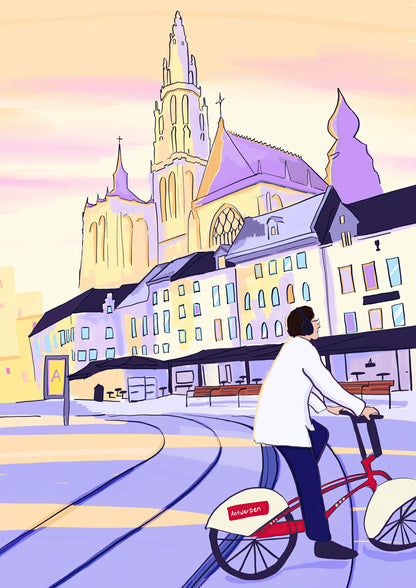 A4 Fine Art Giclée print “Bike Rides and a Little Sun” by Valeria Maggiani featuring Antwerp Cathedral and a rider on the official Antwerp Velo bike at sunset, contemporary European city illustration printed on 100% cotton 310 gsm textured paper with archival pigment inks.