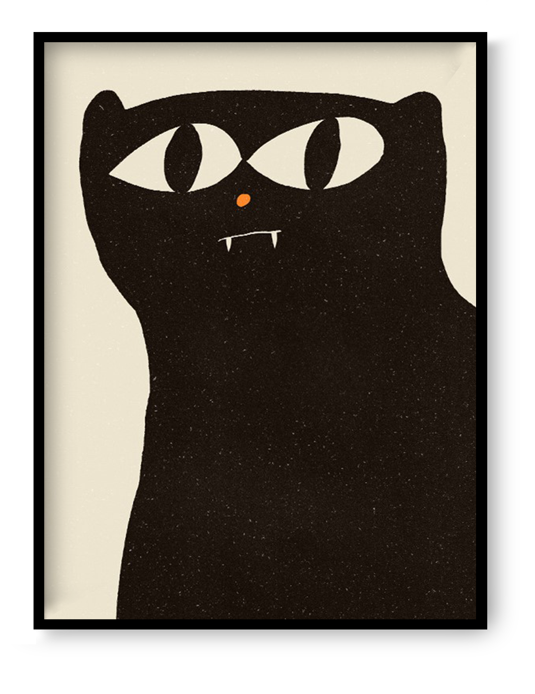 Minimalist black cat art print by Enikő Eged, featuring a bold black cat with large white eyes, tiny fangs and an orange nose on a soft cream background.
