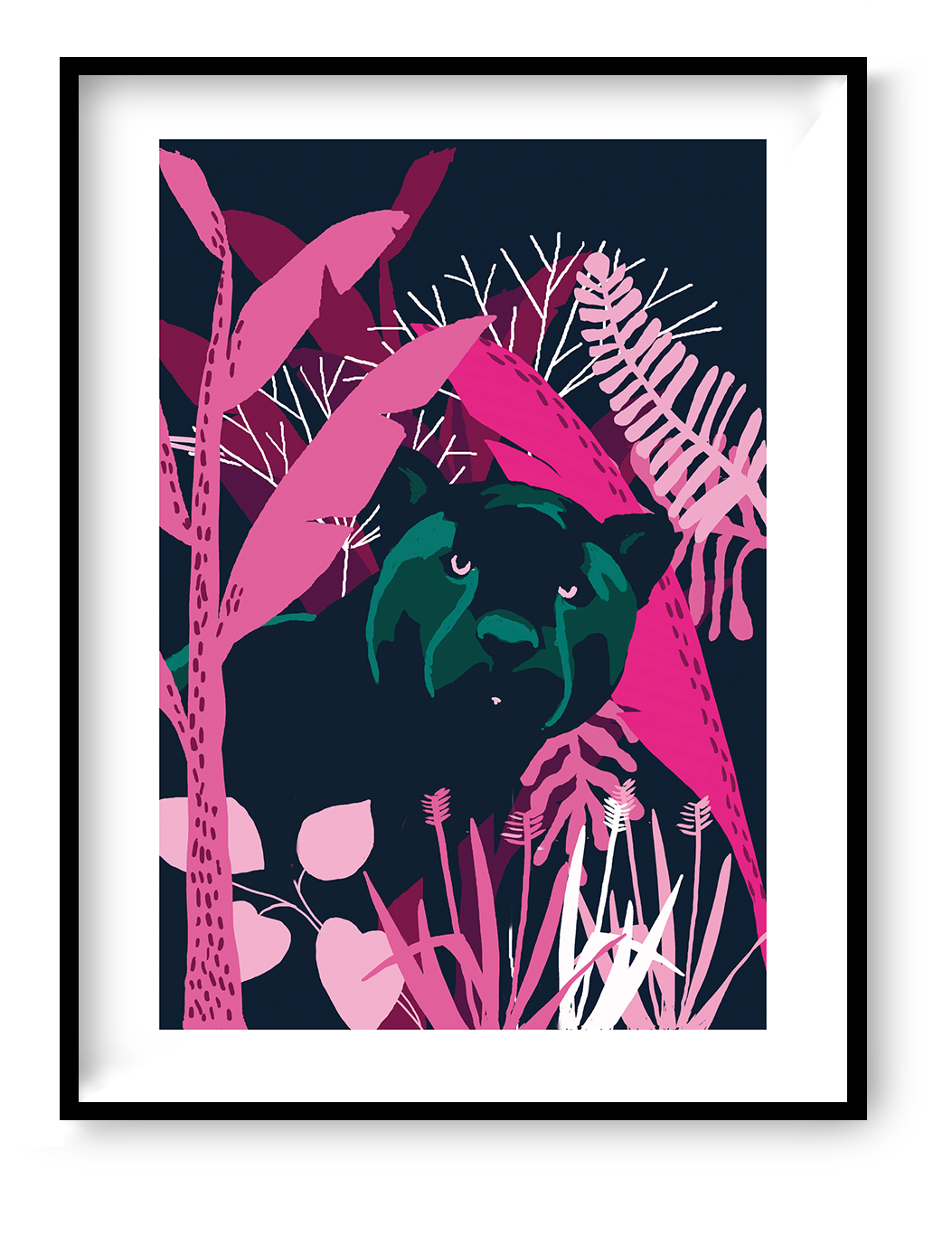 Black panther jungle art print with bold pink tropical leaves and dark night background, modern animal wall art by Gert Paenen