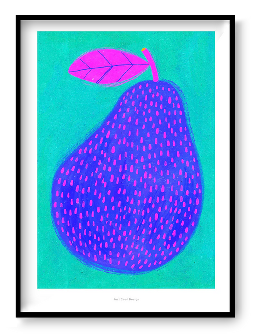 Vibrant giclée art print of a stylized blue-purple pear with pink dots and a bright magenta leaf, set against a turquoise background; bold, modern fruit illustration by Just Cool Design