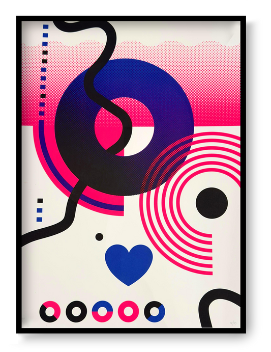 Limited edition Circles & Hearts screen print by PLUMO, 50x70 cm hand-pulled silkscreen on 300g art paper featuring bold geometric circles, halftone gradients, flowing black lines and heart motif in vibrant red, pink and blue colour variations, modern contemporary wall art for design interiors in Belgium and Europe.