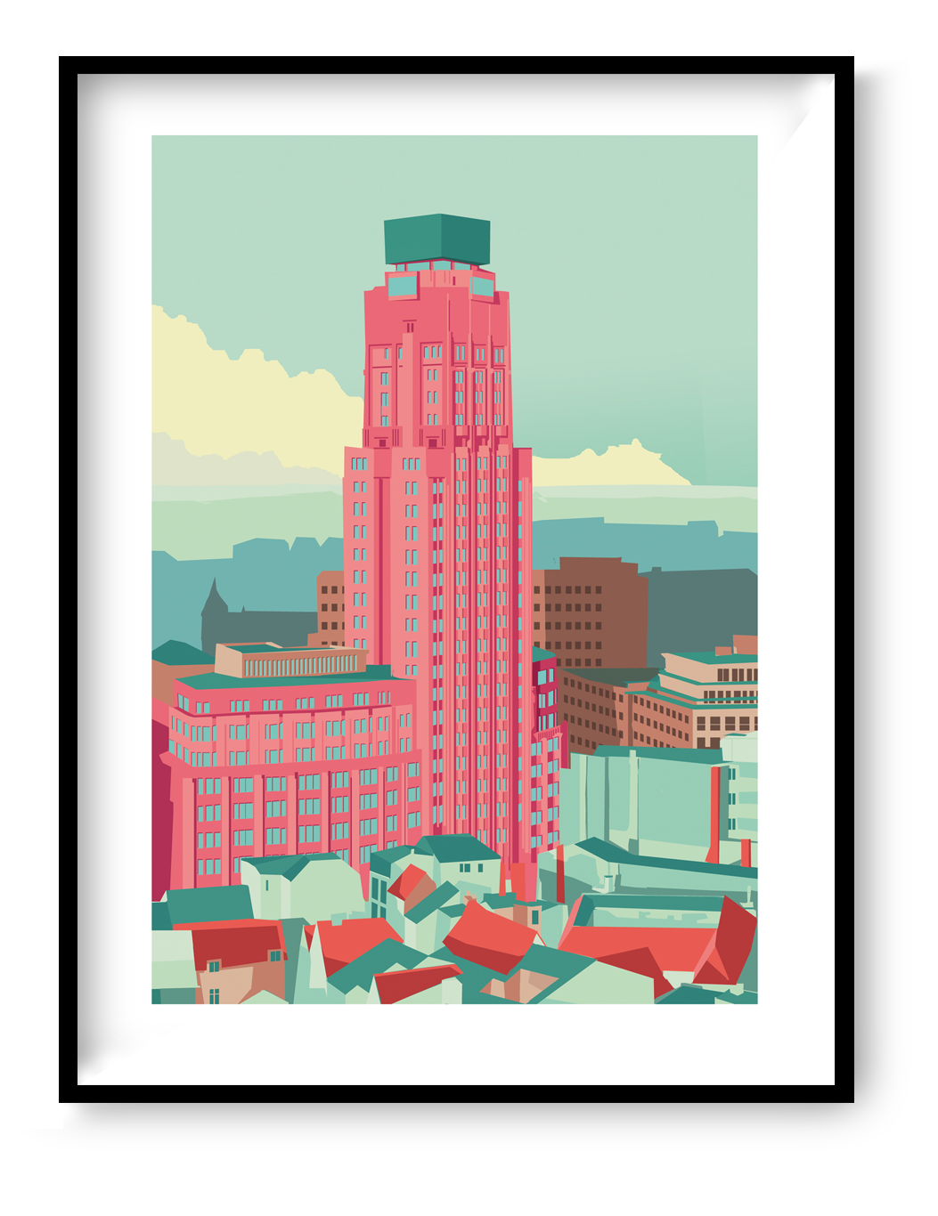 Boerentoren Antwerp illustration by Studio Frits – colorful modern art print of the iconic Art Deco skyscraper in Antwerp, Belgium, architectural wall art in pastel tones, perfect for urban design lovers, available at Galerie Frits