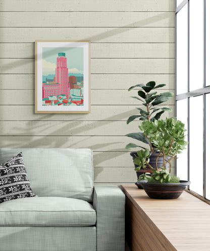 Boerentoren Antwerp illustration by Studio Frits – colorful modern art print of the iconic Art Deco skyscraper in Antwerp, Belgium, architectural wall art in pastel tones, perfect for urban design lovers, available at Galerie Frits
