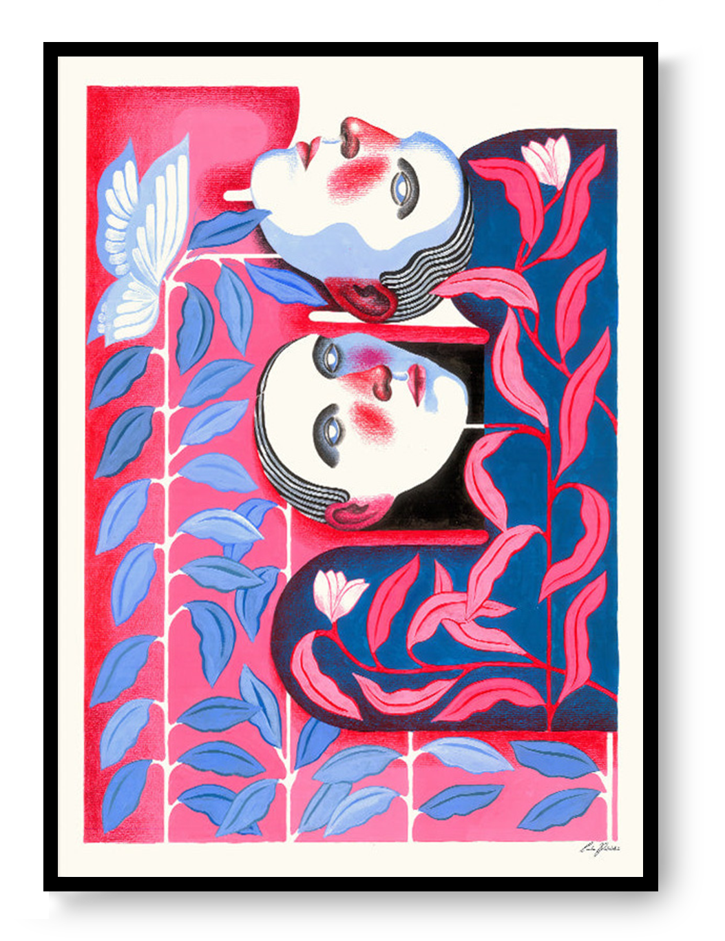 Bonding by Carla Petelski, contemporary figurative digital art print featuring two stylized faces surrounded by pink and blue botanical forms, modern emotional wall art in vibrant colors