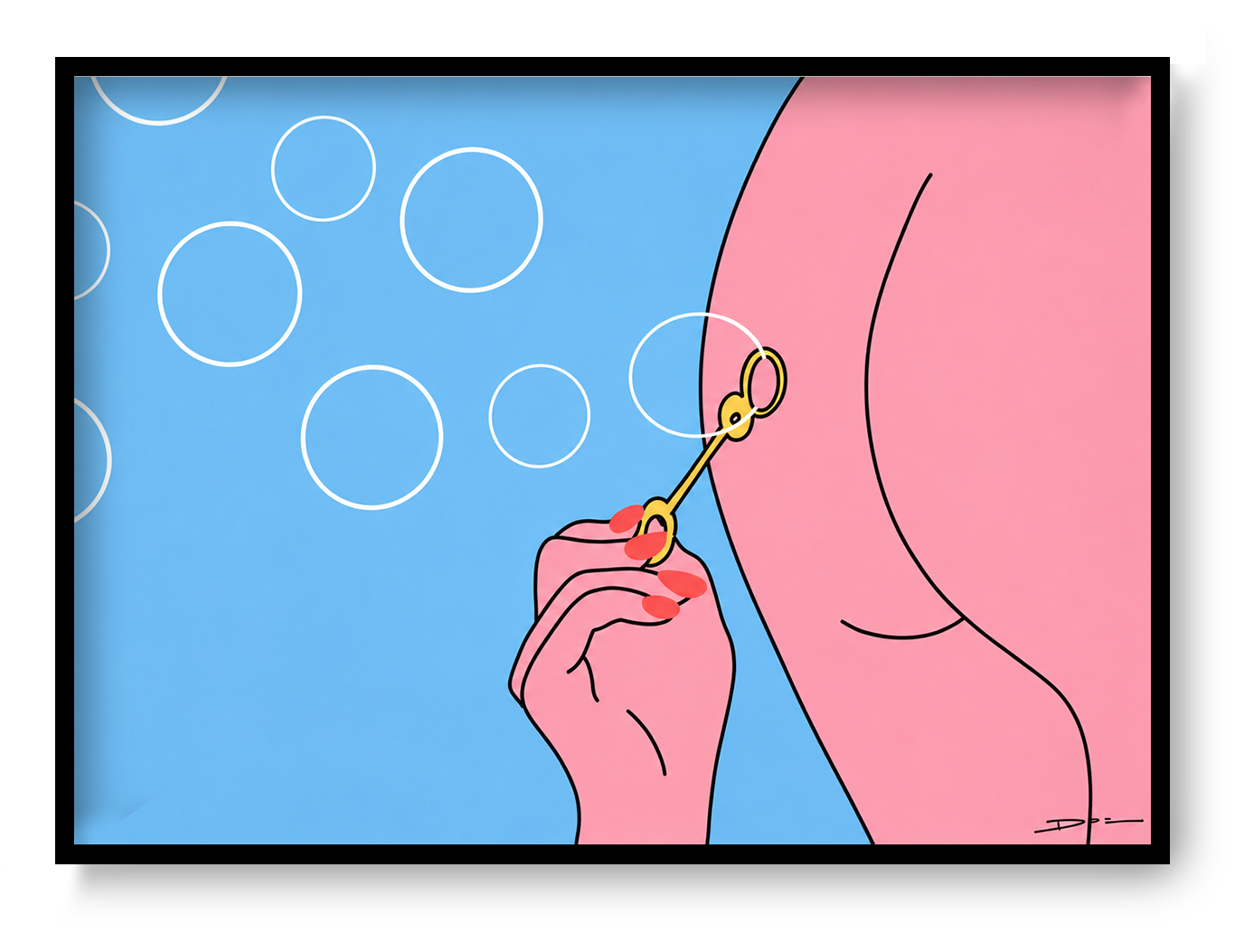 Minimalist digital art print showing a person blowing soap bubbles through a bubble wand held between the buttocks, featuring soft pink tones, blue background, clean black lines, and playful contemporary illustration for modern wall decor.