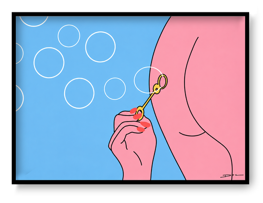 Minimalist digital art print showing a person blowing soap bubbles through a bubble wand held between the buttocks, featuring soft pink tones, blue background, clean black lines, and playful contemporary illustration for modern wall decor.