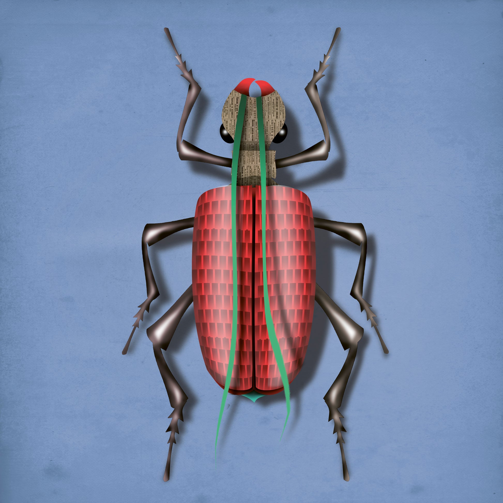 Illustration of a whimsical red beetle with green antennae on a blue background by Belgian artist Gert Paenen – Klaus Käfer art print, 30 x 30 cm.