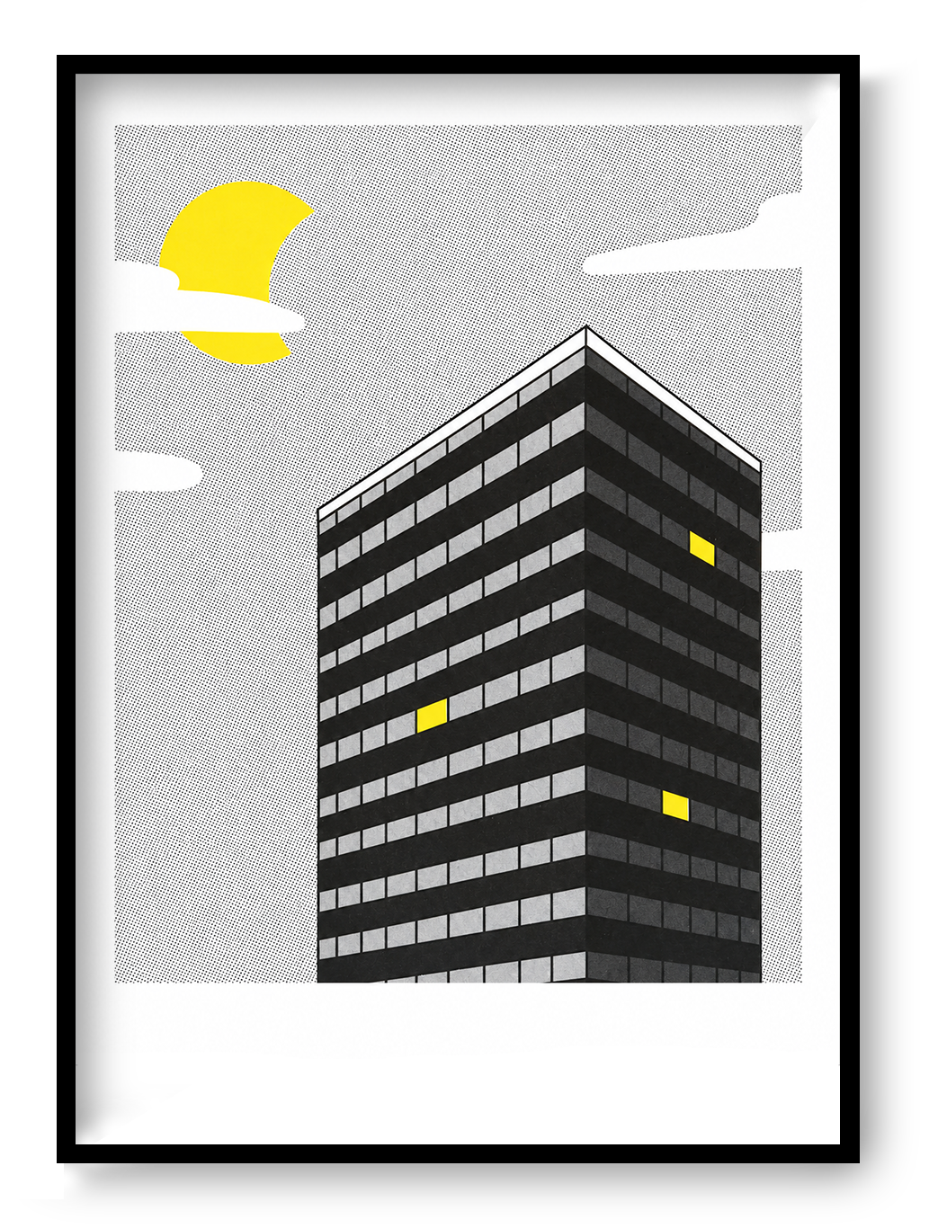 Night View by Studio Stoutpoep featuring a modern black high-rise building with illuminated yellow windows beneath a bright moon, created as a risograph print with graphic architecture, monochrome tones, and contemporary urban wall art appeal.