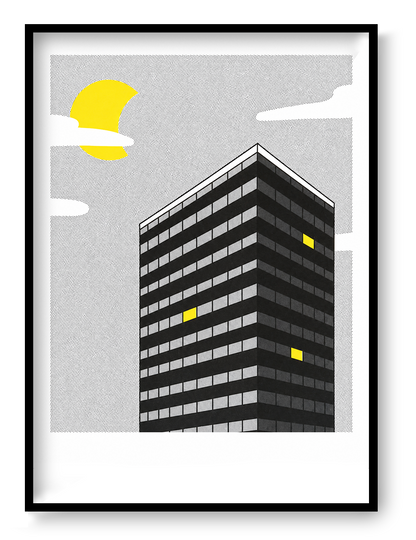 Night View by Studio Stoutpoep featuring a modern black high-rise building with illuminated yellow windows beneath a bright moon, created as a risograph print with graphic architecture, monochrome tones, and contemporary urban wall art appeal.